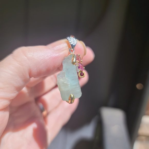 Aquamarine Ruby &Tourmaline Sterling&gold pendant - Picture 5 of 8